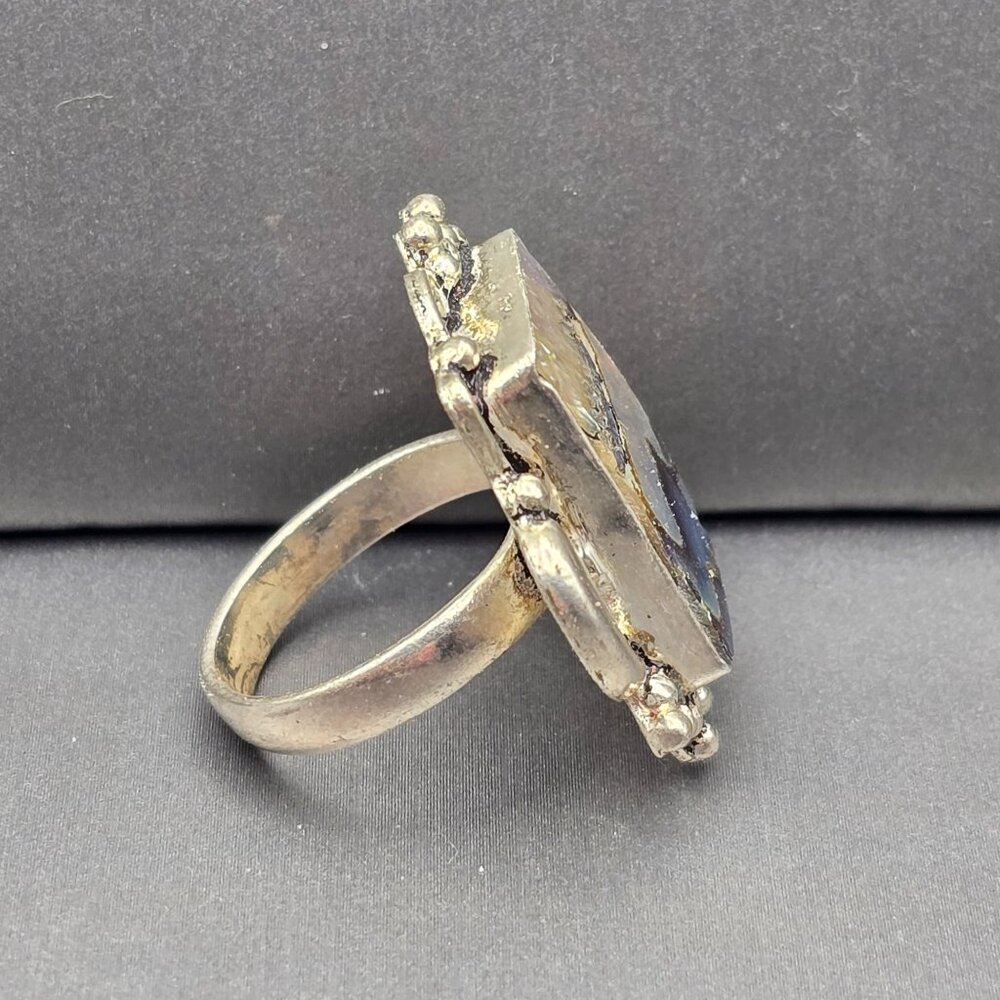 925 Sterling Silver Plt Abalone Shell Ring Size 8 Bezel Setting Statement - Picture 8 of 11
